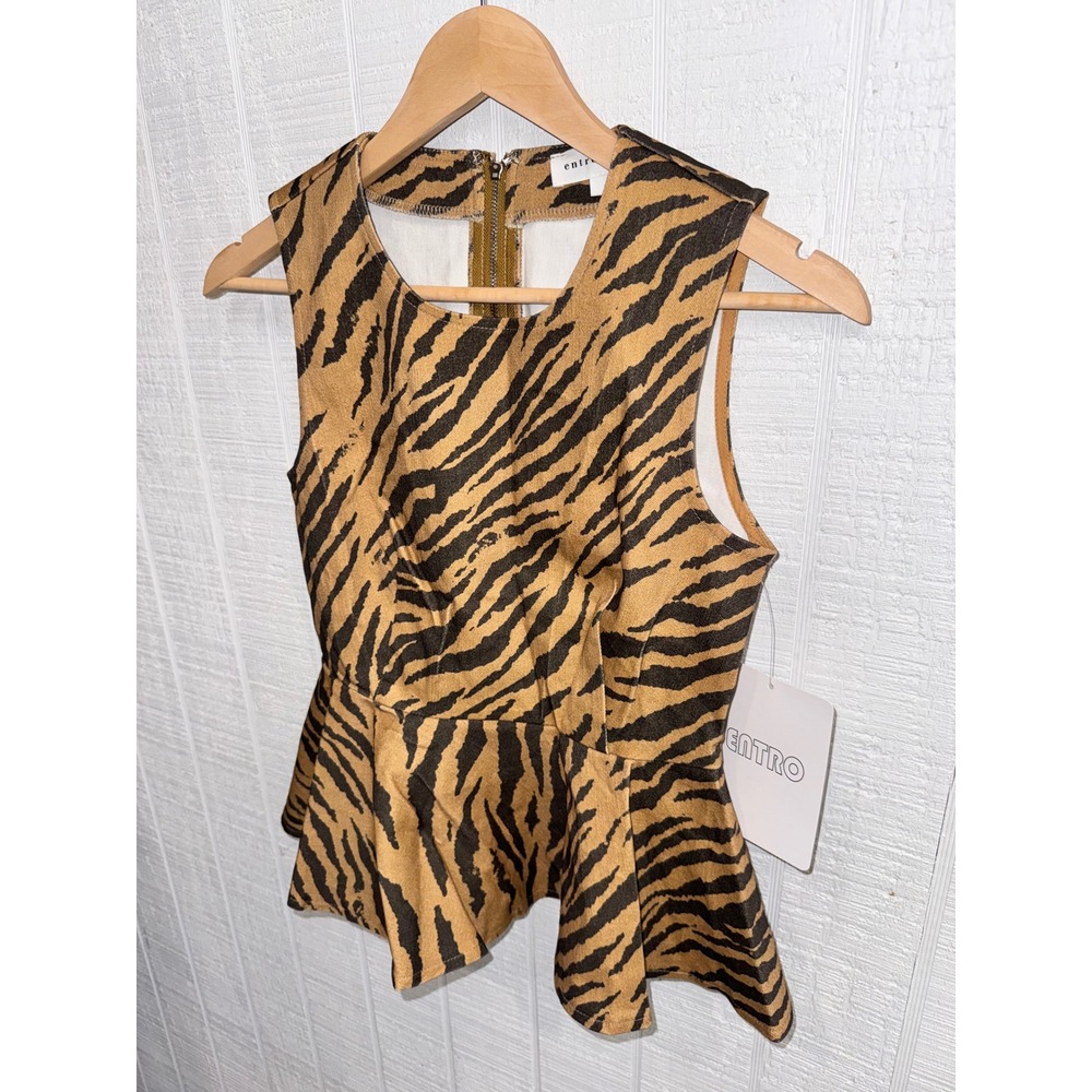 Entro Tiger Print Peplum Top Women Brown Black Cutout Back T31161 Small - Picture 2 of 7